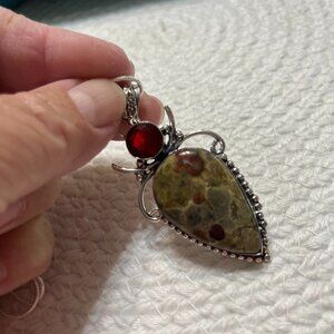 Gorgeous PEANUT OBSIDIAN & GARNET Handmade Sterling 925 Pendant/Chain #442D
